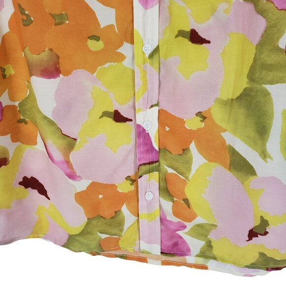 With Jean Pink Green Yellow Orange Floral Long Sleeve Button Front Collar Dress - Picture 6 of 16